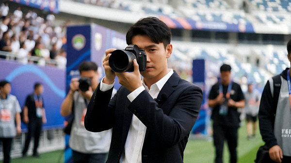 体育记者在赛事现场进行报道与资讯采集的场景